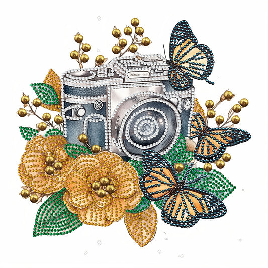 Butterfly Flower Nostalgic Camera - Special Shaped Drill Diamond Painting 30*30CM