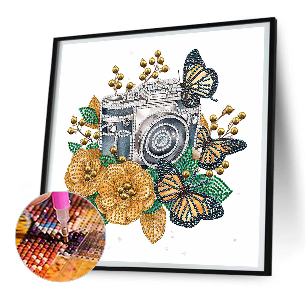 Butterfly Flower Nostalgic Camera - Special Shaped Drill Diamond Painting 30*30CM