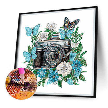 Butterfly Flower Nostalgic Camera - Special Shaped Drill Diamond Painting 30*30CM