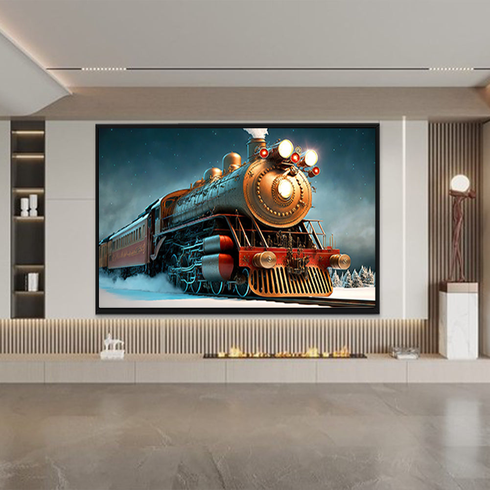 Large Mural Wall Art - Polar Express Fall Winter Steam Locomotive - Full Round Drill Diamond Painting 150*100CM