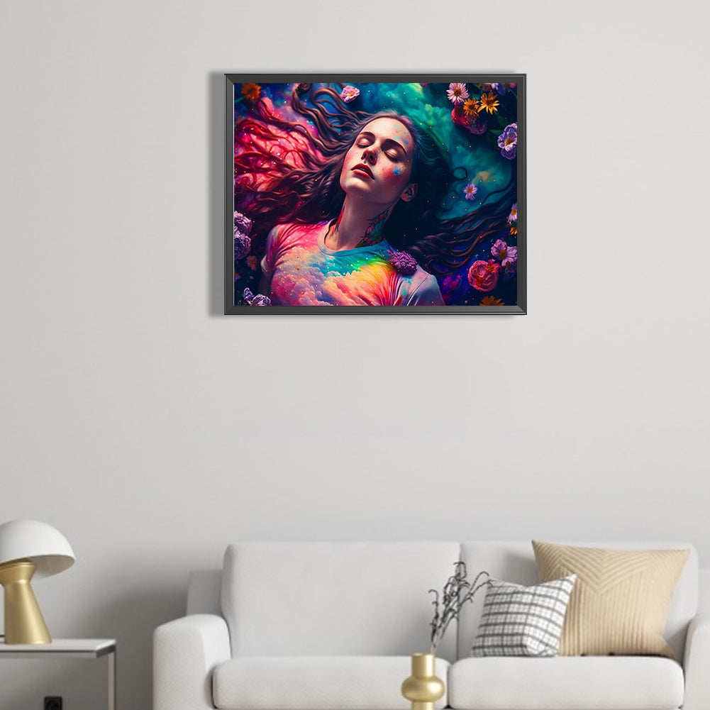 The Girl Wandering In The Sea Of Flowers - AB Round Drill Diamond Painting 50*40CM