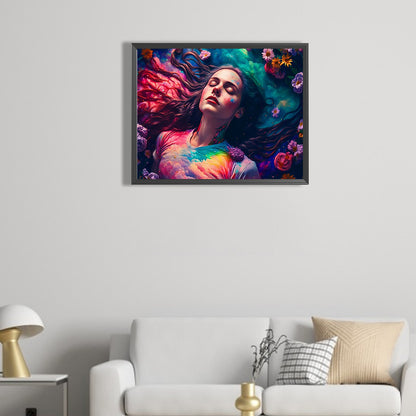 The Girl Wandering In The Sea Of Flowers - AB Round Drill Diamond Painting 50*40CM