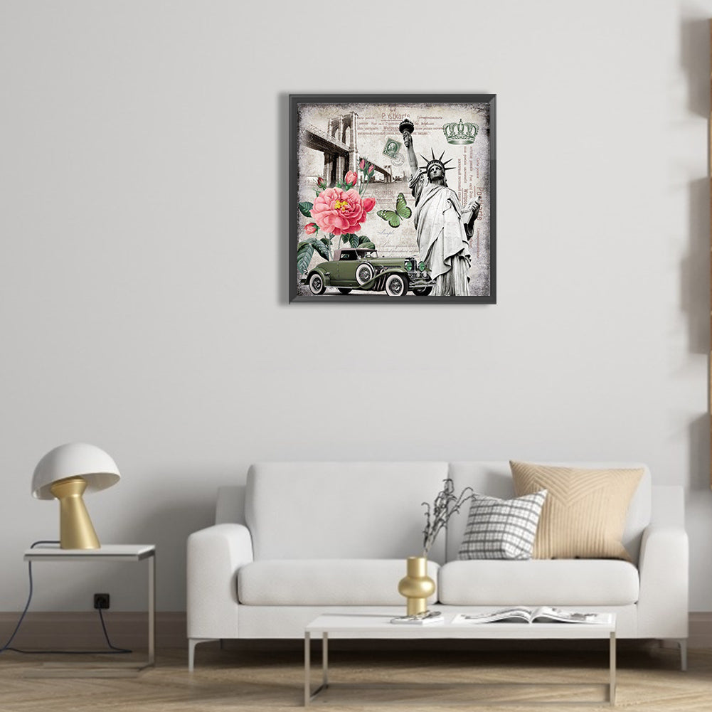 Retro Cars And Characteristic Buildings - Full Round Drill Diamond Painting 30*30CM