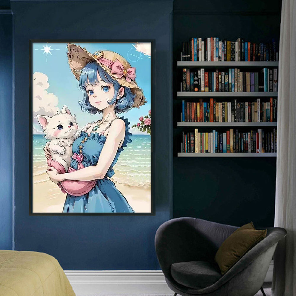 Girl And Kitten At The Beach - 9CT Stamped Cross Stitch 50*70CM