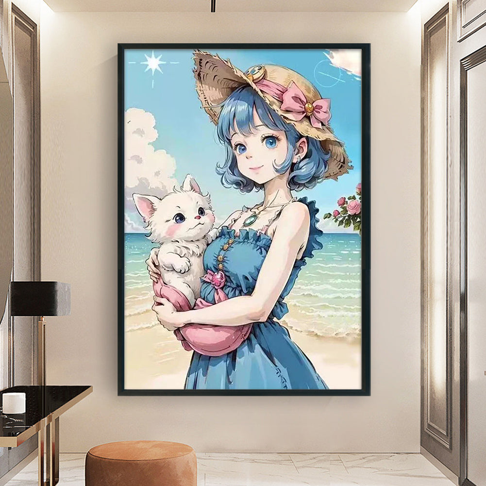 Girl And Kitten At The Beach - 9CT Stamped Cross Stitch 50*70CM